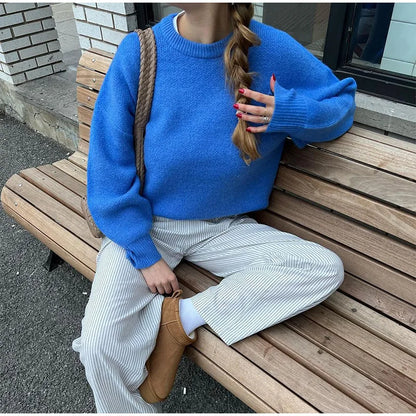 maoxiangshop -  Solid Round Neck Long Sleeved Sweater Women Loose Warm Knitwear Pullover Autumn Winter Fashion Female Commuter Jumper