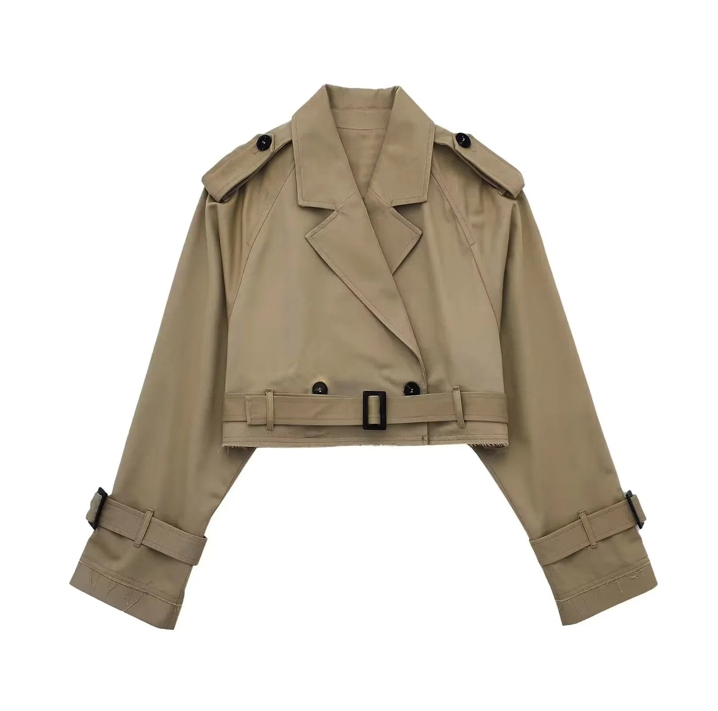 TRAF 2023 Fashion Women Khaki Cropped Coat Vintage Solid Long Sleeve Button Jacket Chic Tops Female Casual Streetwear Coats