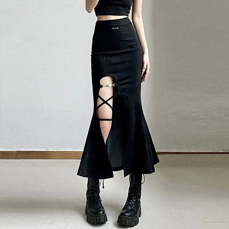 maoxiangshop High Waist Women Mermaid Skirts American Style Designed Bandage Split Midi Skirt Y2K Fashion Streetwear Female Skirts Spring New