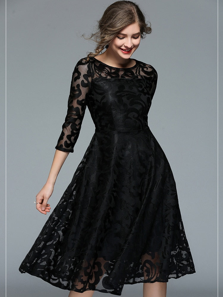 Summer Ladies Dress New Slim Fit and Slim Mid-length Lace Swing Dress Temperament Party Office Elegance Bandage Dresses