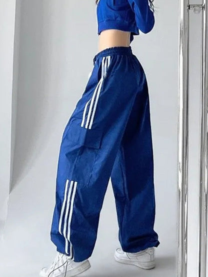 maoxiangshopHigh Waist Drawstring Cargo Pant Wide Leg Joggers Trousers Striped Harajuku Baggy Parachute Pants Sweatpants Women Clothes Y2k