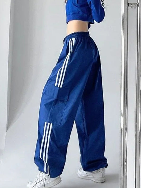 maoxiangshopHigh Waist Drawstring Cargo Pant Wide Leg Joggers Trousers Striped Harajuku Baggy Parachute Pants Sweatpants Women Clothes Y2k