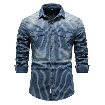 maoxiangshop Cotton Men Denim Shirts Striped Stretch Long Sleeve High Quality Jeans Shirts for Men Casual Slim Cowboy Shirts Man