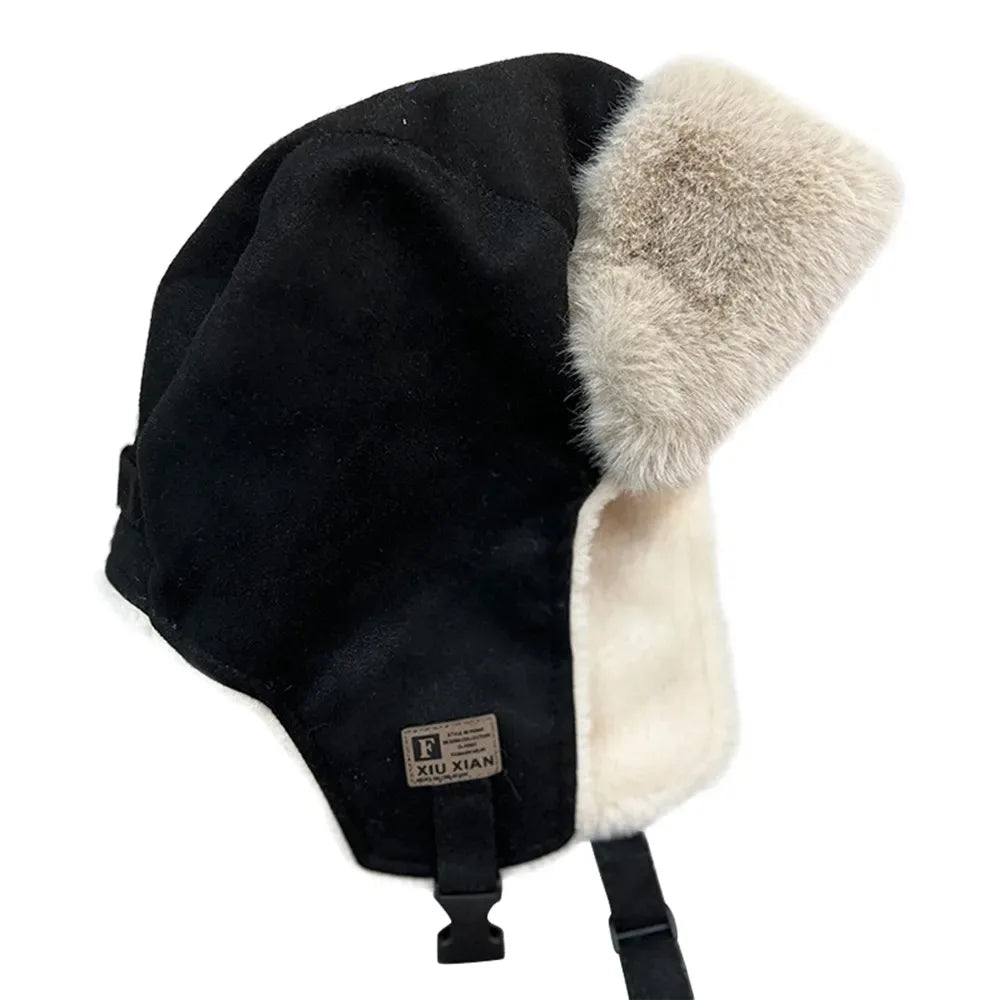 maoxiangshop  -  Women Bomber Hat Suede Plush Lined Trapper Cap Winter Warmer Windproof Russian Pilot Caps Ear Protect Skiing Riding Leifeng Hats
