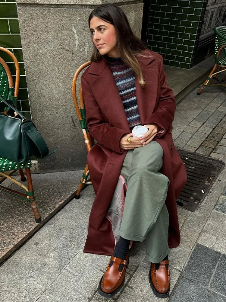 maoxiangshop -  Winter Vintage Solid Wool Blends Long Coats Women Turndown Collar Double Breasted Jacket Office Lady Street Long Sleeve Overcoat