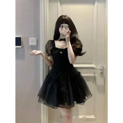 maoxiangshop Summer New Black Yarn Dress Fluffy Small Short Square Neck Spicy Girl Sweet Style Small Puff Sleeve Sexy Lovely Short