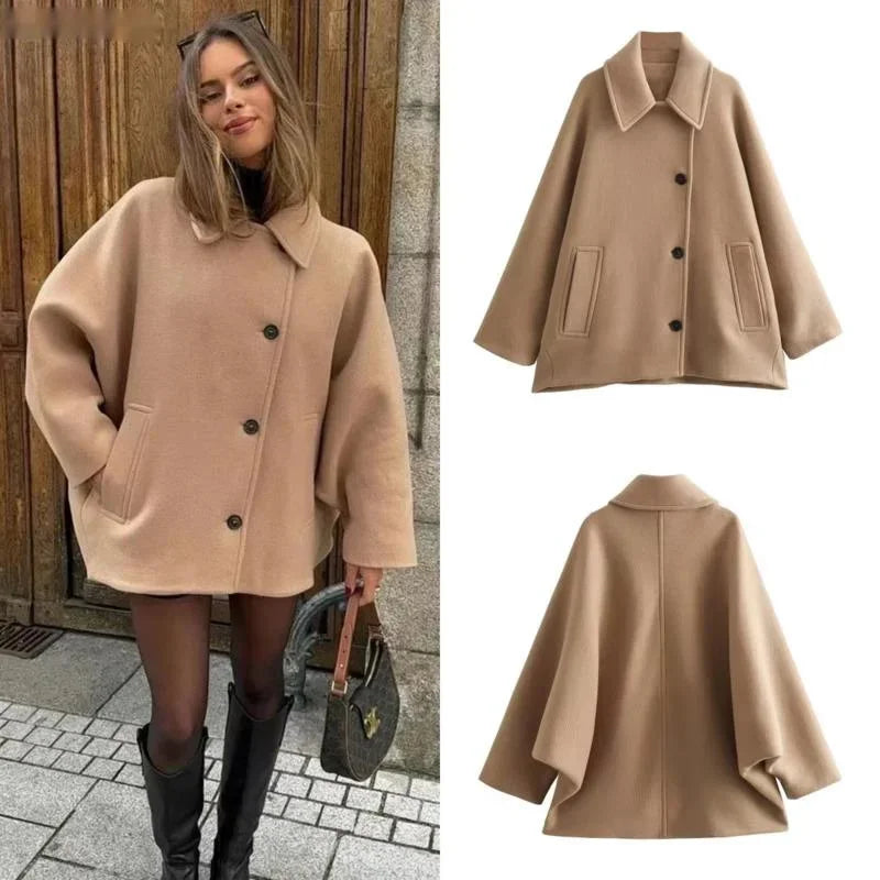 maoxiangshop  -  Vintage Diagonal Breasted Warm Loose Jacket Women Lapel Double Pocket Long Sleeve Solid Tops Outerwear Autumn Winter Female Coat