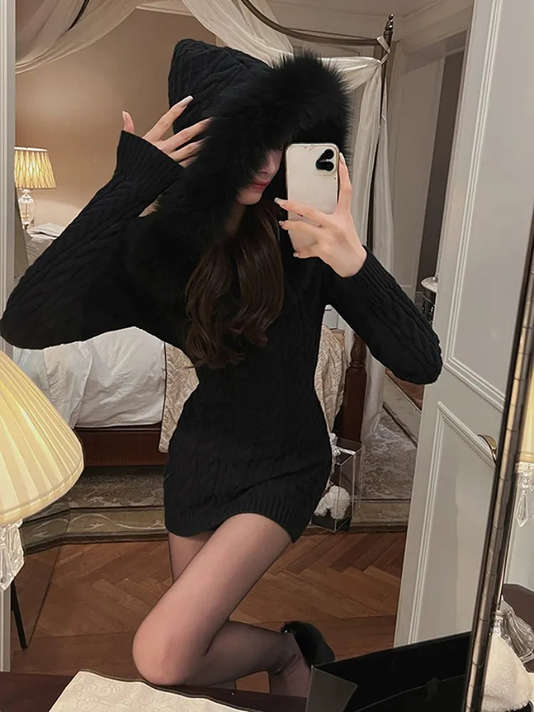 2022 Winter Knitted Sweater Dress with Hooded Women Slim Bodycon Y2k Mini Dress Faux Fur Female One Piece Dress Korean Elegant