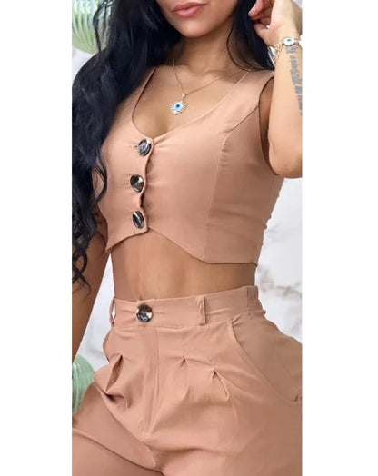 maoxiangshop Sexy Womens Two Piece Sets Outfit Buttoned Vest Coat & Wide Leg Pants Set New Fashion Casual Elegant Female Suit