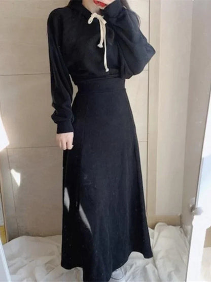 maoxiangshop maoxiangshop- Spring  Autumn New Korean Women's Skirt Set Hooded Long Sleeve Hoodies Tops High Waisted Half Length Skirt 2 Piece Sets Womens