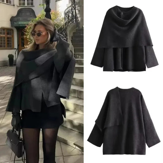 maoxiangshop  -  Fashion Asymmetric Scarf Knitted Jacket Women O Neck Single Button Side Slit Solid Loose Coat Winter New Female Chic Outerwear