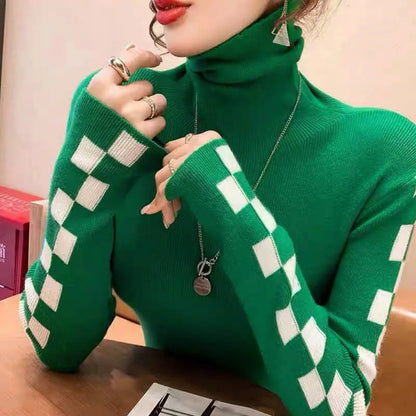 maoxiangshop Knitted Women's Autumn Winter New Korean Version Temperament Versatile Long-sleeved TopTurtleneck Plaid Undershirt Sweater