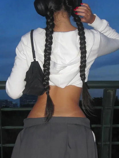 maoxiangshop Y2K Aesthetic Vintage Basic Zip Up White Cropped Hoodies 2000s Fashion Big Pockets Front Hooded Long Sleeve Sweats Cute