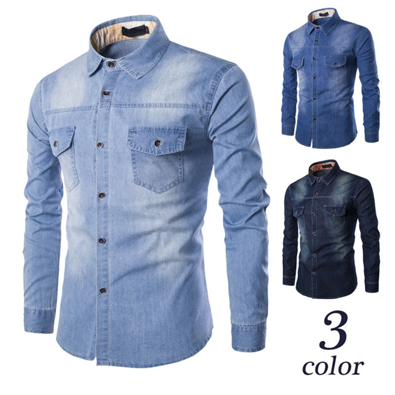 maoxiangshop Fashion Mens Denim Shirt Long Sleeve Plus Size Cotton Jeans Cardigan Casual Slim Fit Shirts Men Two-pocket Tops Clothing M-6XL