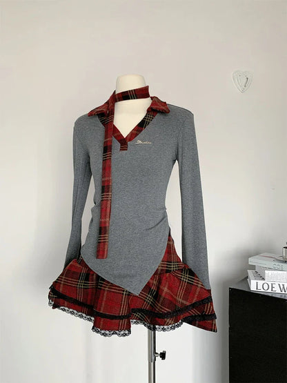 Women Korean Fashion 2000s Aesthetic Y2k Outfits 2 Piece Set Vintage Long Sleeve V-Neck Tops + Mini Plaid Tierred Ruffles Skirts