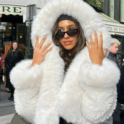 maoxiangshop  -  Winter Women's White Short Faux Fur Coat Fashion Y2K Hoodie Jacket Long Sleeve Thick Warm Fluffy Fur Coat Female Outfits