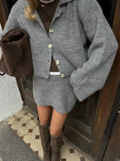 maoxiangshop  -  Knitted Skirts 2 Piece Set Women Fashion Lapel Flare Button Knitted Cardigan Top Mini Skirt 2024 Autumn Lady All-matching Outfit