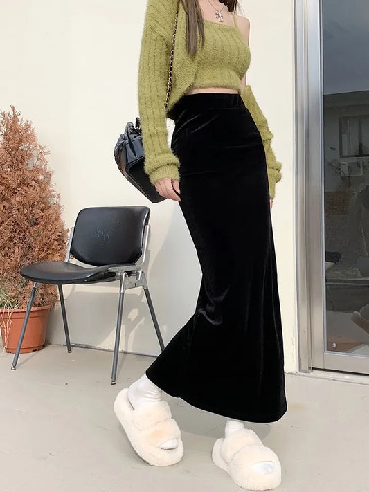 maoxiangshop Fish Tail Velvet Skirt Women Mermaid Trumpet Long Skirts Ankle Length Empire High Waist Skinny Bodycon Skirt Female