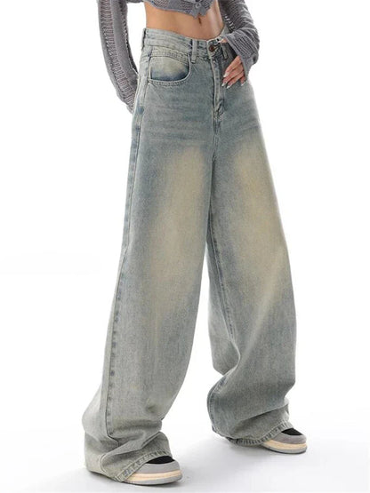 maoxiangshopWomen's American Vintage Washed Thin Jeans Street Casual Neutral Style Blue Denim Trousers Female High Waist Straight Pants