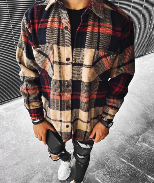 maoxiangshop Men Plaid Shirt Spring Fashion Large Size Pockets Long Sleeve Top Turn-down Collar Single-breasted Shirts