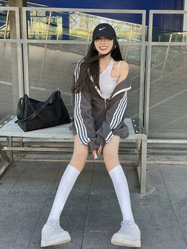 maoxiangshop Casual Zip Hoodie Women Autumn Harajuku Loose Side Stripe Patchwork Long Sleeve Oversized Hoodie School Grey Cardigan