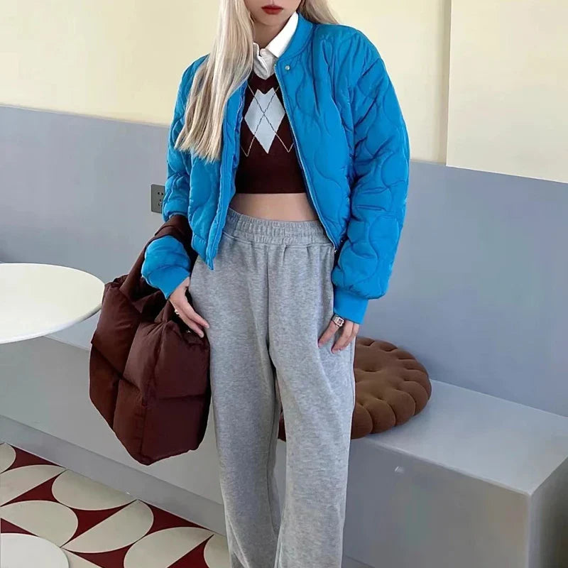 maoxiangshop  -  Short Parkas Women Streetwear Solid Cropped Down Coats Korean Fashion Puffer Jacket Winter Casual Zipper Cotton Padded Outwears