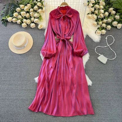 maoxiangshop Frenchic Vintage Long Dress Women Lace-up Bow Collar Lantern Sleeve Female Vestidos De Mujer Spring Elegant Dresses