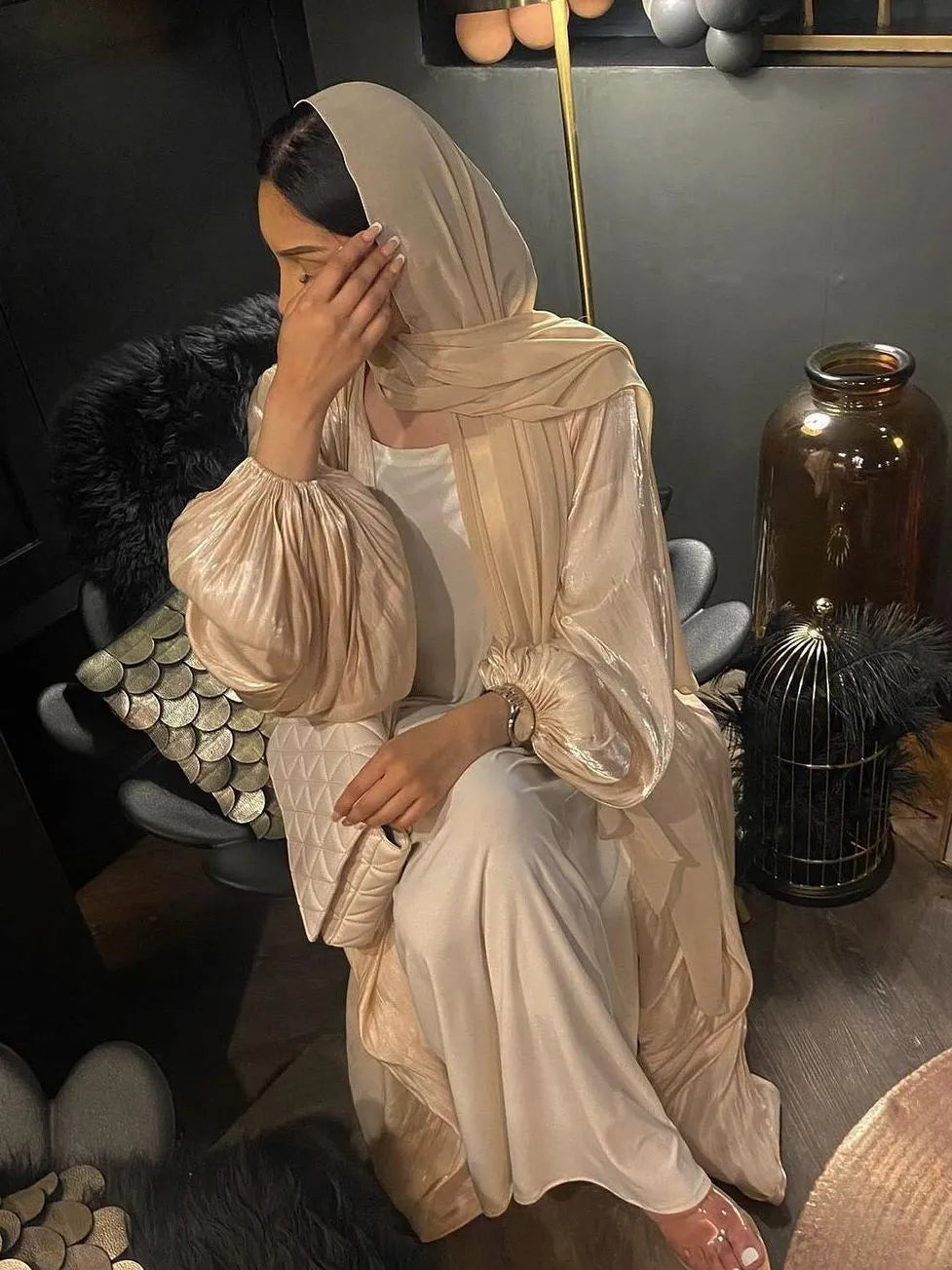 maoxiangshop-Eid Djellaba Abaya Dubai Shiny Soft Cuff Sleeves Muslim Dress Silky Kimono Dubai Turkey Muslim Dress Islam Abayas With Belt WY56