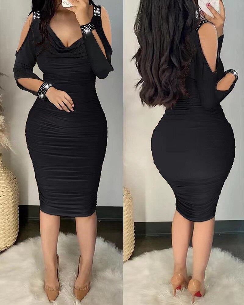 maoxiangshop Autumn Sexy Elegant Off Shoulder Party Tight Dress Women Fashion V-Neck Hollow Out Diamond Long Sleeve Stacked Slim Dress Women