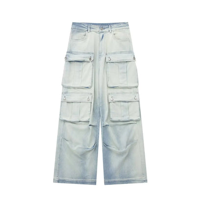 maoxiangshop -  Women Spring Fall Muti Pocket Cargo Wide Leg Denim Jeans Pants Trousers