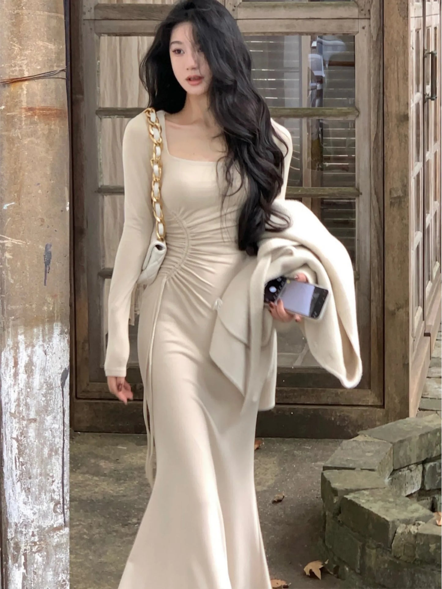 Spring Autumn New Elegant Bodycon Drawstring Dress Women Fashion Wedding Party Mermaid Vestidos Korean Female Corset Y2k Robe