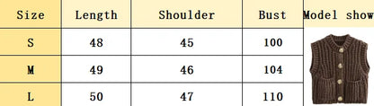 maoxiangshop  -  Vintage Knit Waistcoat Women Solid Round Neck Single Breasted Sleeveless Pocket Sweater Vests 2024 Autumn Winter Casual Lady Top