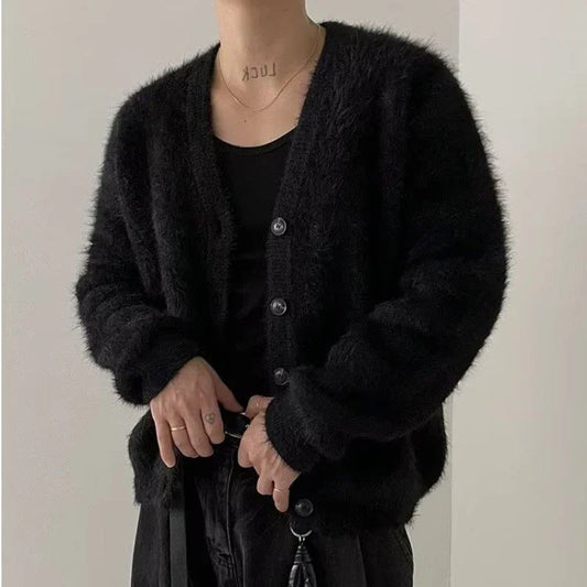 maoxiangshop Men's Knitted Luxury Button Cardigan Sweatercoat Casual Long Sleeve V Neck Solid Color Vintage Korean Autumn Clothing