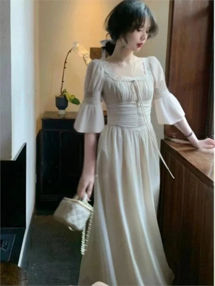 maoxiangshop 2024 Summer Elegant Women Sweet Party Midi Holiday Dresses Casual Female Lace Up Robe