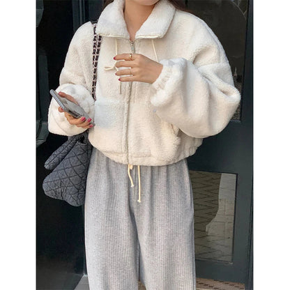 maoxiangshop  -  Cropped Lamb Wool Coat Women Streetwear Stand Zipper Short Jacket Winter Korean Solid Simple Warm Casual All Match Outerwear New