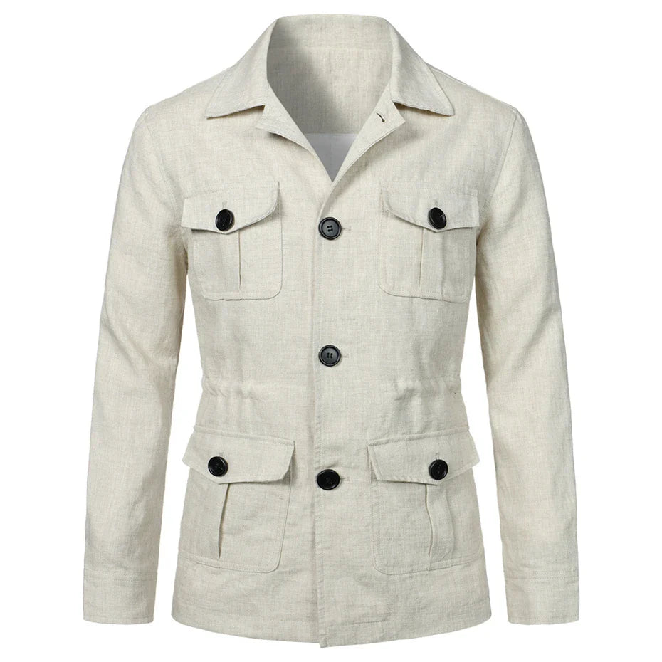 maoxiangshop New Spring Linen Jacket Men Multiple Pockets Cargo Jacket Male Fashion Casual Button Coat Plus Size 5XL