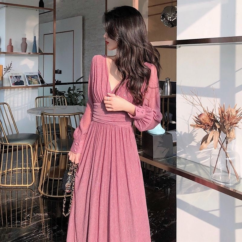 maoxiangshop Vintage Sexy Maxi Dresses for Women Party Sequin Midi Dress Female Casual Chiffon Slim Korean Woman Dress Elegant Autumn