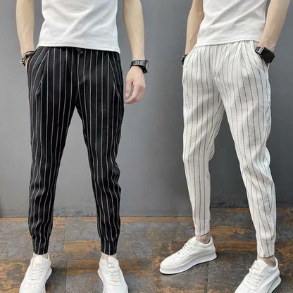 maoxiangshop Men Harem Pants Striped Drawstring Elastic Waist Slim Fit Streetwear Spring Autumn Stretch Ankle Tied Pencil Pants for Daily
