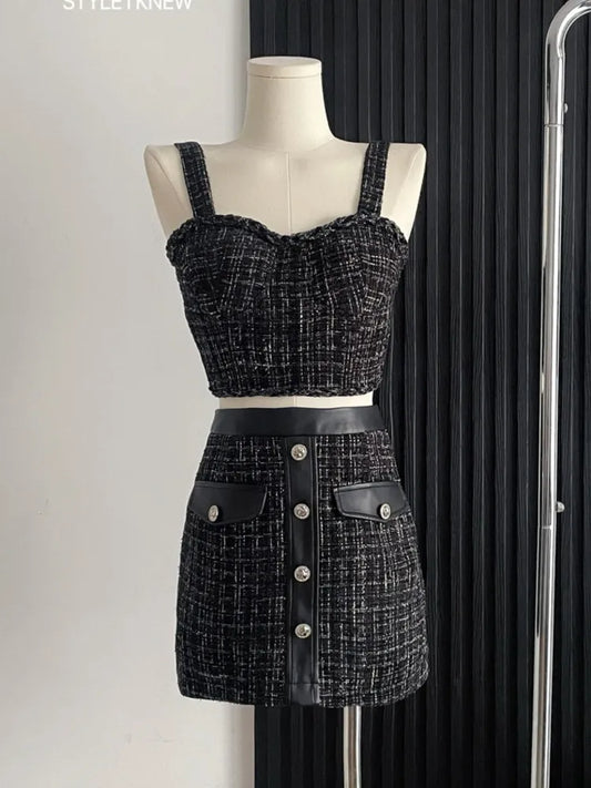 maoxiangshopHigh Street Small Fragrance Tweed Two Piece Set For Women Vest Tops + Bodycon Skirt Suits Summer HotSweet Sexy 2 Piece Outfits