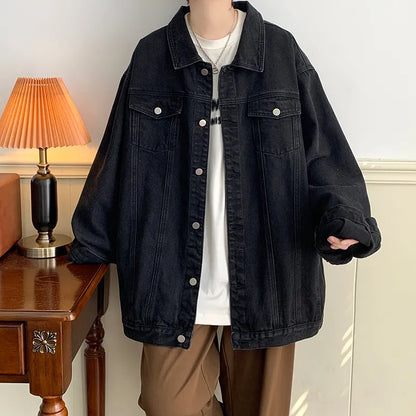 maoxiangshop Plus Size 5XL-M Black Denim Jacket Mens Turn Down Collar Jeans Coats Multi-pockets Overalls Streetwear Loose Casual Men Clothing