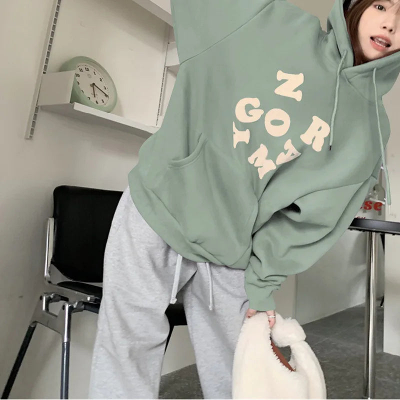 maoxiangshop Korean Autumn Winter Letter Print Hoodie Women Casual Long Sleeve Pullover Tops Hood Shirt Harajuku Oversize Sweatshirt Y2k 후드티