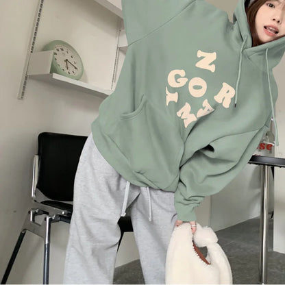 maoxiangshop Korean Autumn Winter Letter Print Hoodie Women Casual Long Sleeve Pullover Tops Hood Shirt Harajuku Oversize Sweatshirt Y2k 후드티
