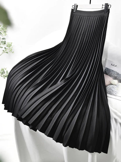 maoxiangshop Brand Designer Women Spring Autumn Elegant Chic Solid Pleated Skirt High Waist Luxury Fashion With Elastic Female