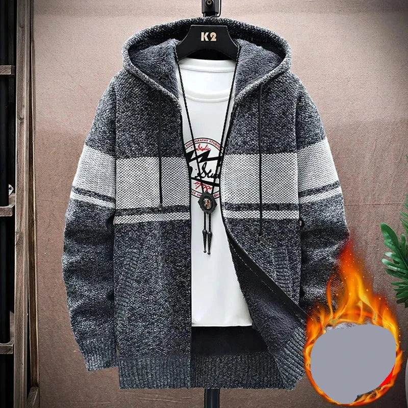 maoxiangshop WINTER OUTFITS Autumn Korean Hooded Men's Sweater with Thick and Velvet Men Cardigan Knitted Sweater Coat Stripe Jacket Male M-4XL