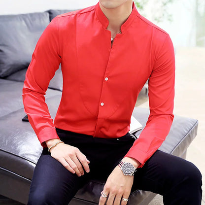 maoxiangshop Mens Long Sleeve Shirt High Quality Stand Collar Casual Slim Solid Color Summer Fashion Men's Clothing Shirt Oversized Size 5XL