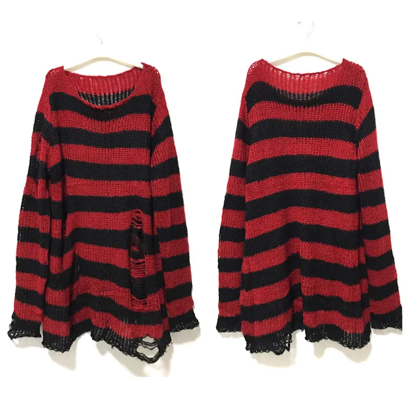 maoxiangshop New Punk Gothic Long Unisex Sweater Summer Women Striped Cool Hollow Out Hole Broken Jumper Loose Rock Thin Dark Streetwear Top