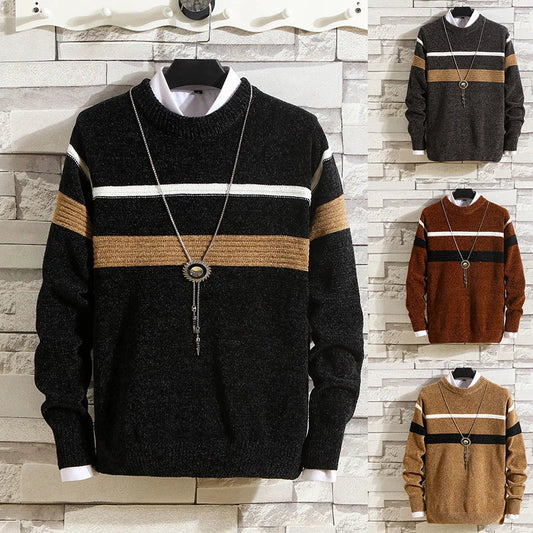 maoxiangshop Autumn and Winter Sweaters Men's Round Neck Stripe Contrast Chenille Elastic Casual Versatile Solid Knit Pullover Top