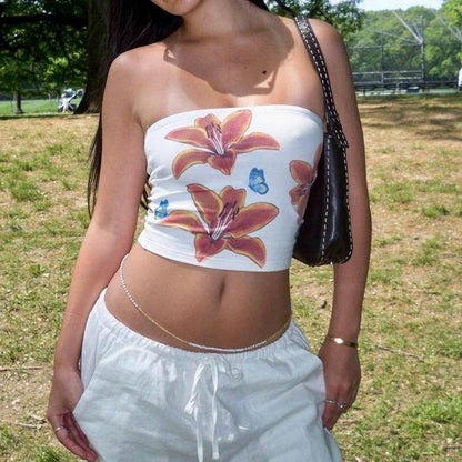 maoxiangshop-Summer Women's Wrap Chest Crop Tops Y2K Floral Print Strapless Bandeau Tube Off Shoulder Backless Tank Tops