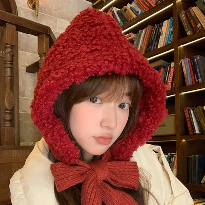 maoxiangshop  -  Lamb Wool Beanies for Women Winter Plush Warm Pullover Hats Thickened Windproof Ear Protection Cap Red Steeple Christmas Bonnets