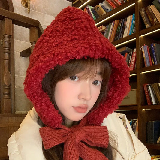 maoxiangshop  -  Lamb Wool Beanies for Women Winter Plush Warm Pullover Hats Thickened Windproof Ear Protection Cap Red Steeple Christmas Bonnets